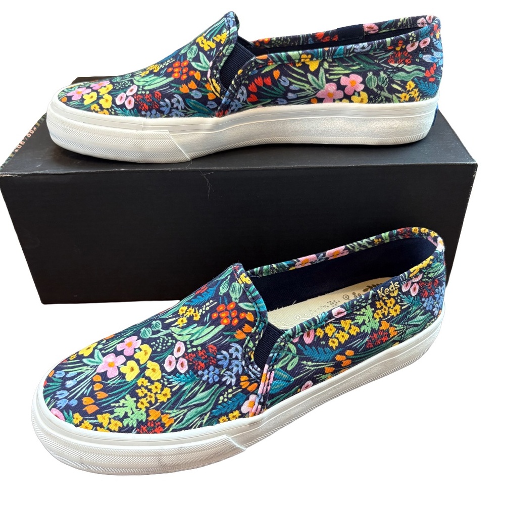 Keds Rifle Paper Co Garden Party blue floral slip on sneakers, sz 6, navy blue